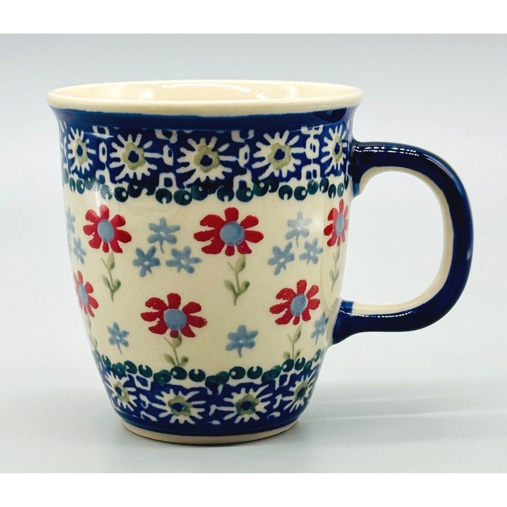 Manufaktura Polish Pottery Mug Summer Blossoms Blue Red Floral W Lalusek